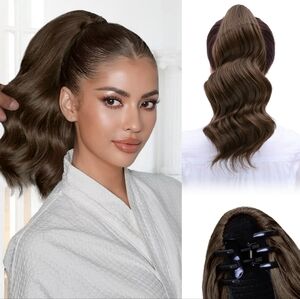 14” Claw‎ Clip Curly Ponytail – Natural Volume & Glam Waves in Medium Brown”